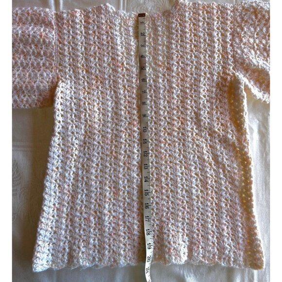 Vtg Hand Crocheted Top Women’s Puff Sleeves white Yellow Peach Glitter Yarn - Picture 8 of 9